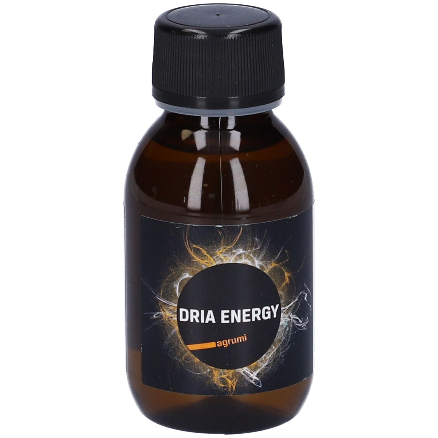 Flacone marrone con tappo nero. Etichetta con testo e "DRIATEC".