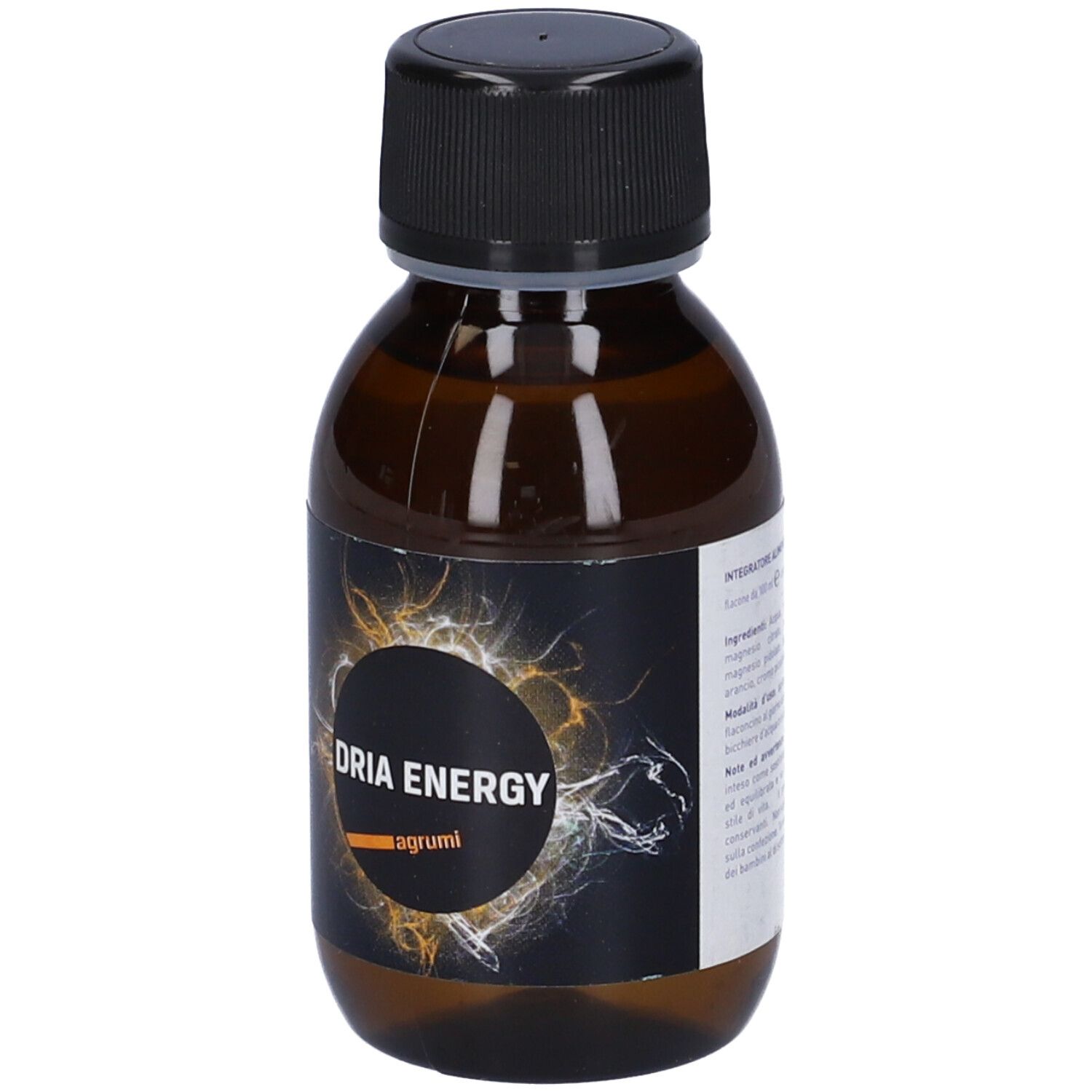 Flacone marrone con tappo nero. Etichetta "DRIA ENERGY" e "agrumi".