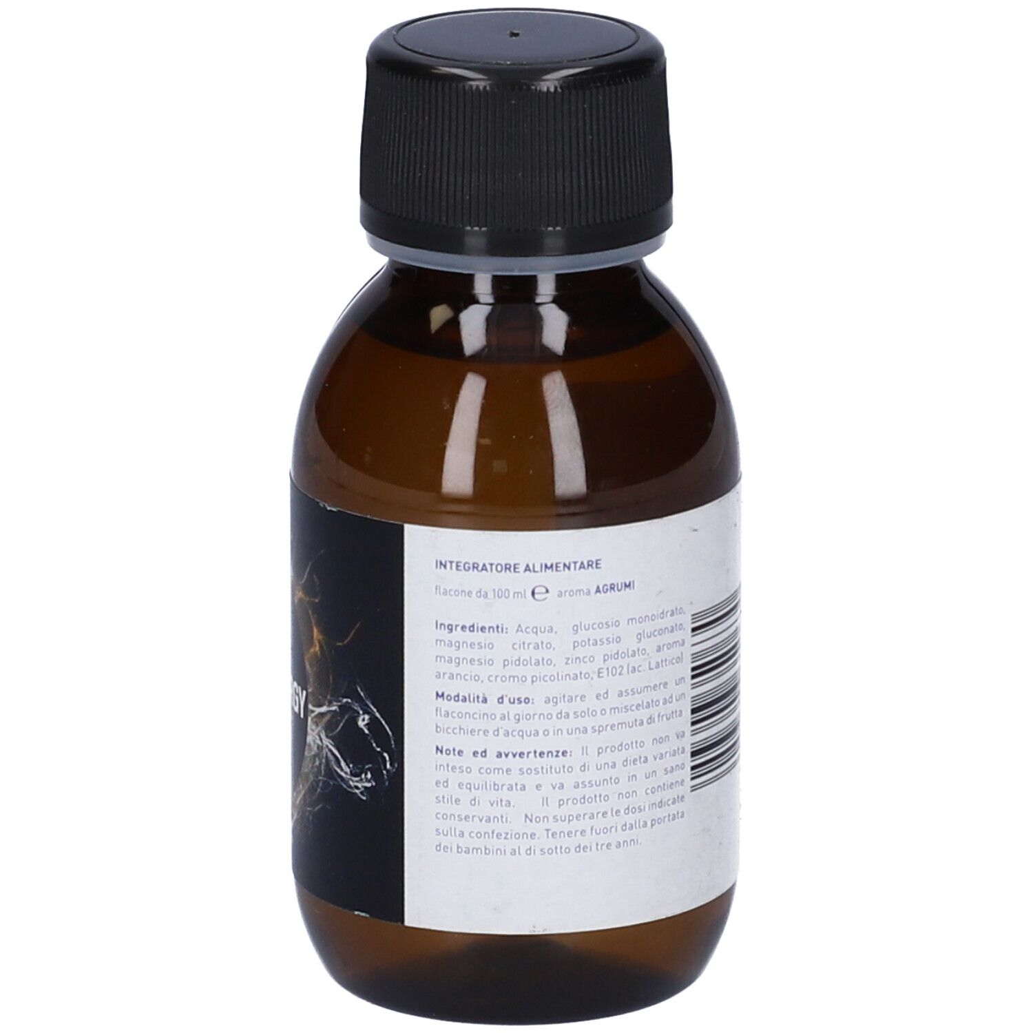 Flacone marrone con tappo nero. Etichetta con testo e "DRIATEC".