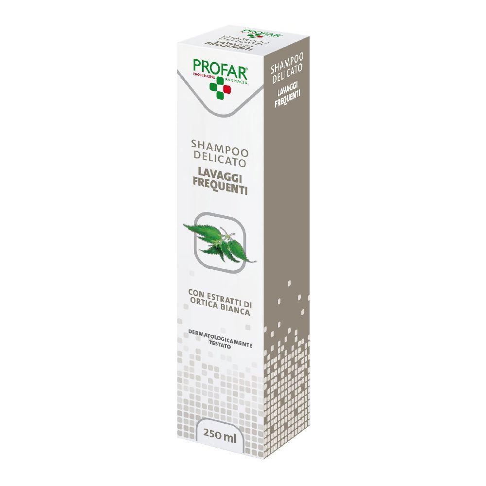 Confezione in cartone. Scritte: PROFAR, Shampoo Delicato, Lavaggi Frequenti. Con estratti di Ortica Bianca. Dermatologicamente testato.