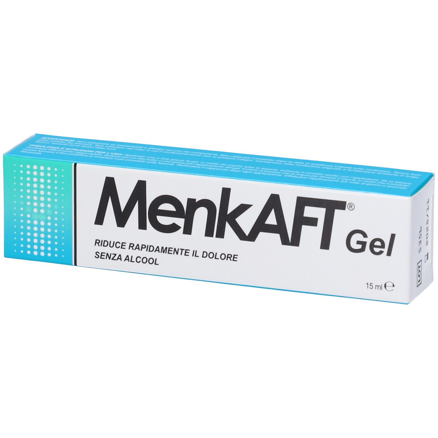 Confezione di Menkaft Gel. Scatola blu e bianca con nome e testo del prodotto. 15 ml.