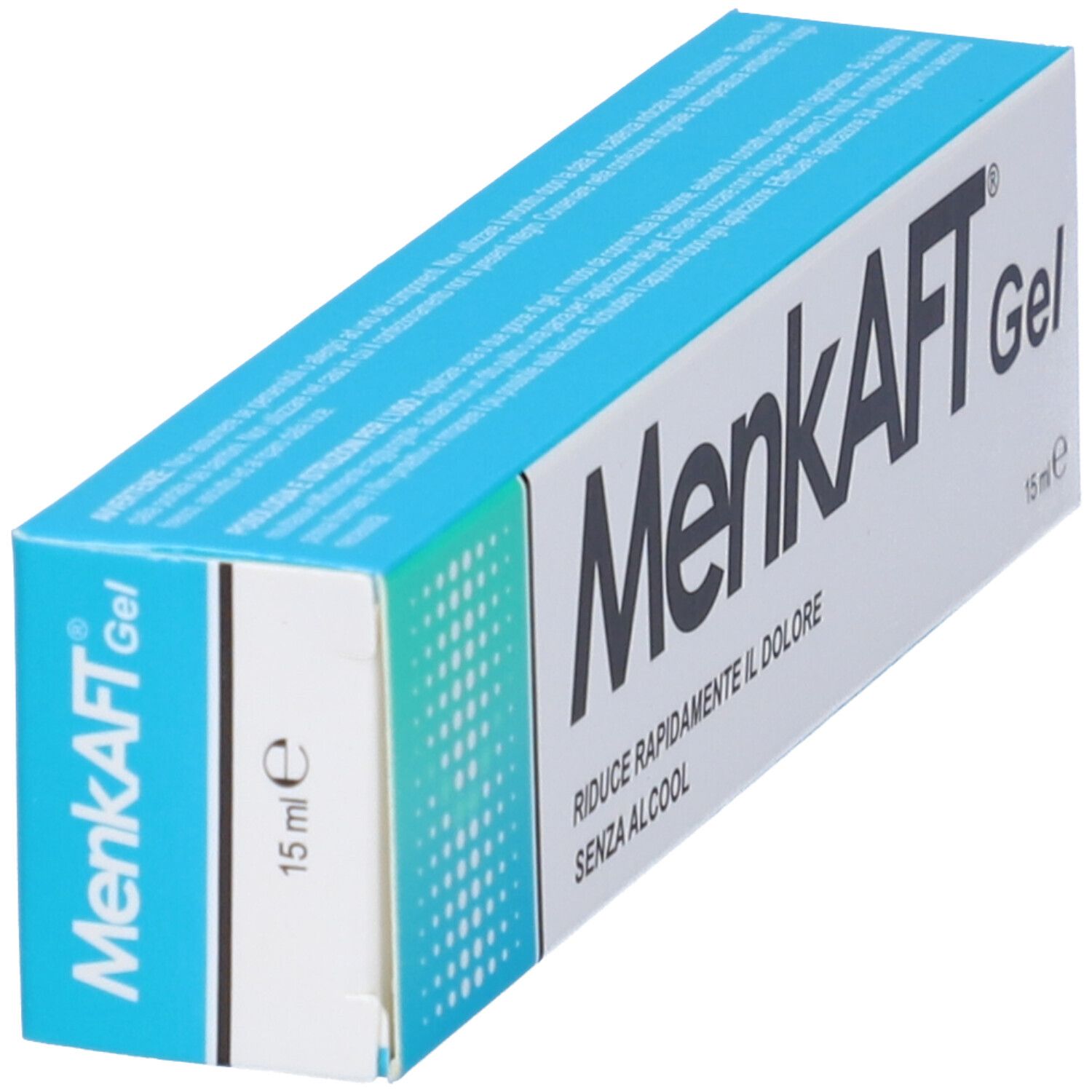 Confezione di Menkaft Gel. Scatola blu e bianca con nome e testo del prodotto. 15 ml.