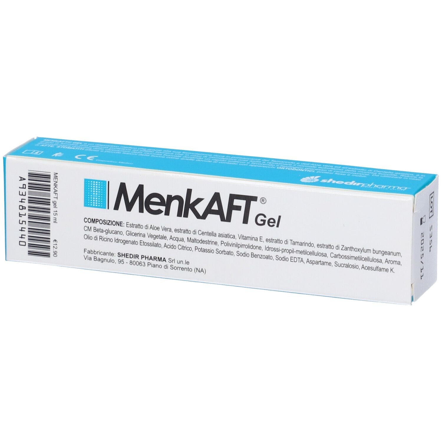 Confezione di Menkaft Gel. Scatola blu e bianca con nome e testo del prodotto. 15 ml.