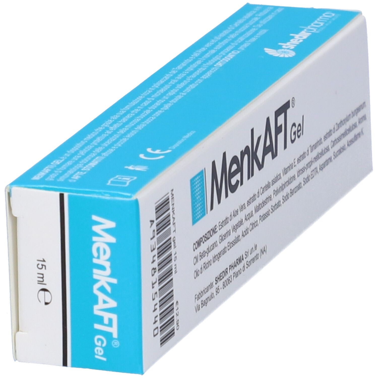 Confezione di Menkaft Gel. Scatola blu e bianca con nome e testo del prodotto. 15 ml.