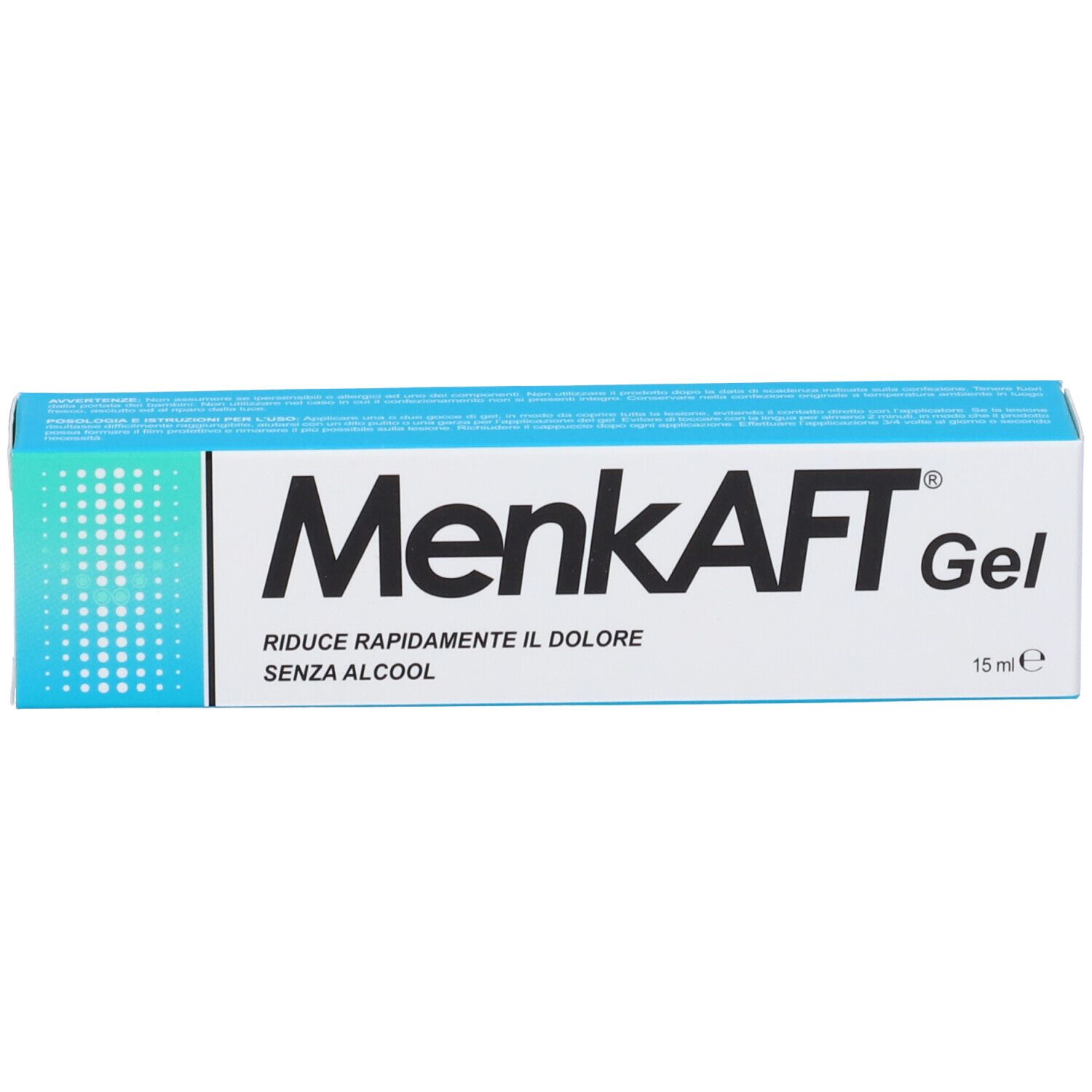 Confezione di Menkaft Gel. Scatola blu e bianca con nome e testo del prodotto. 15 ml.