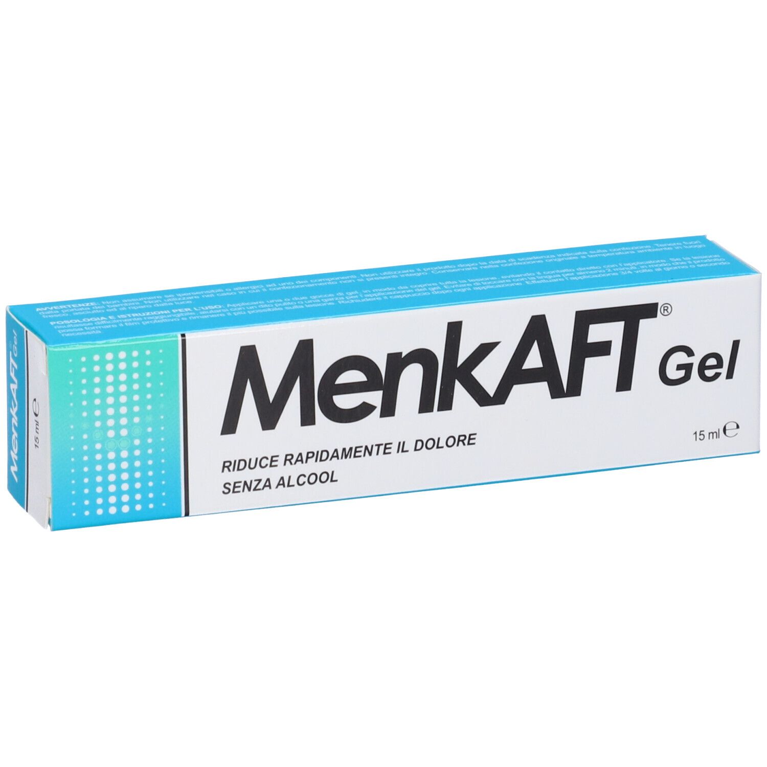 Confezione di Menkaft Gel. Scatola blu e bianca con nome e testo del prodotto. 15 ml.
