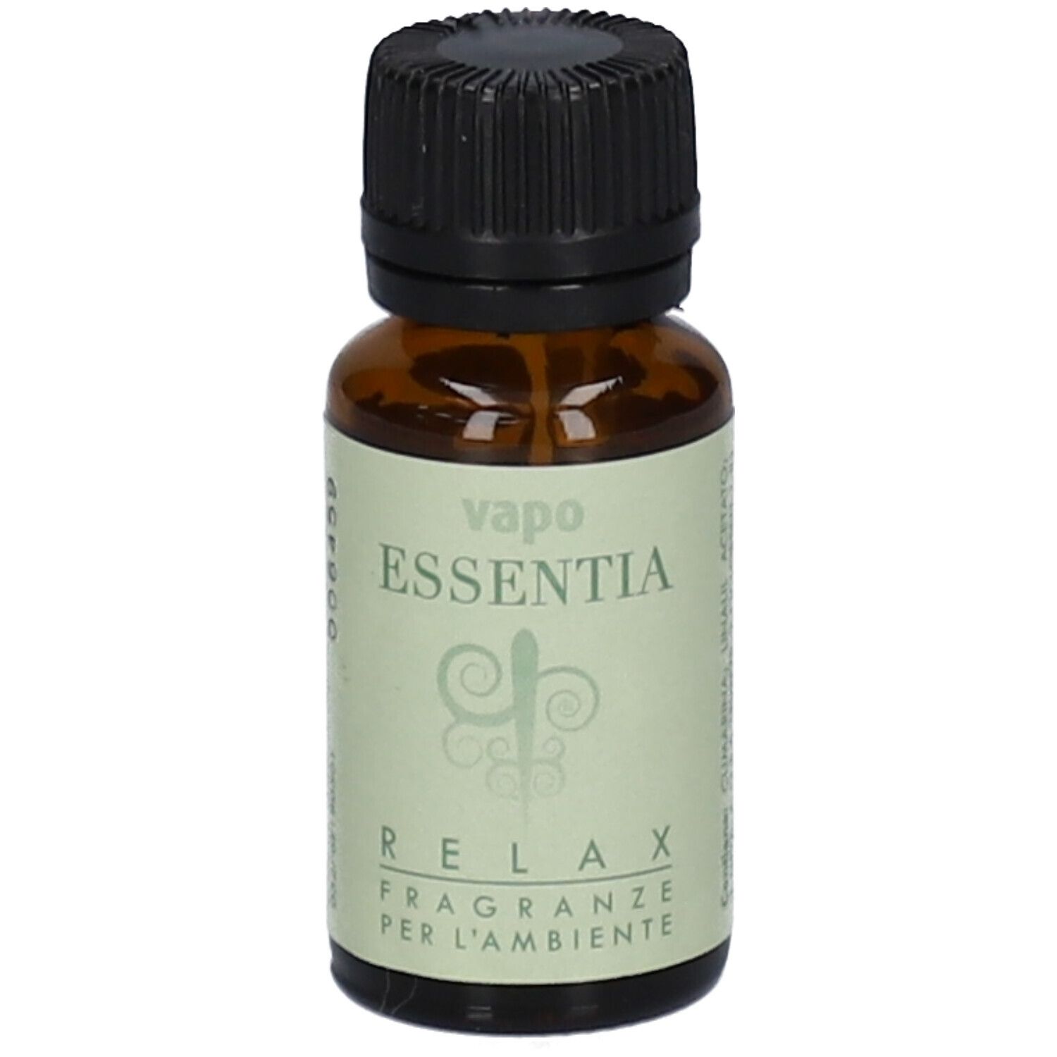Flacone in vetro marrone con tappo nero. Etichetta "vapo ESSENTIA RELAX" e logo. Per profumare l'ambiente.