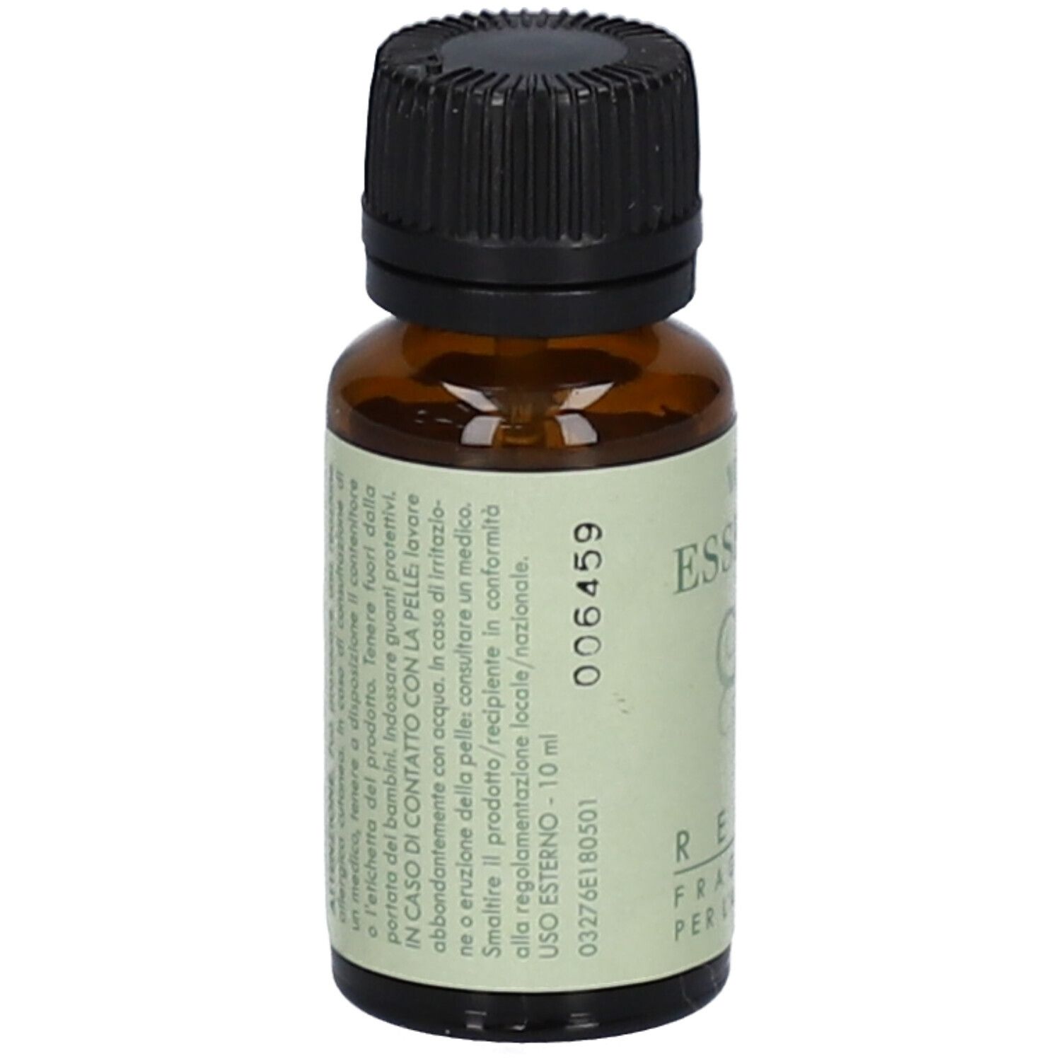 Flacone in vetro marrone con tappo nero. Etichetta "vapo ESSENTIA" e testo. 10 ml.