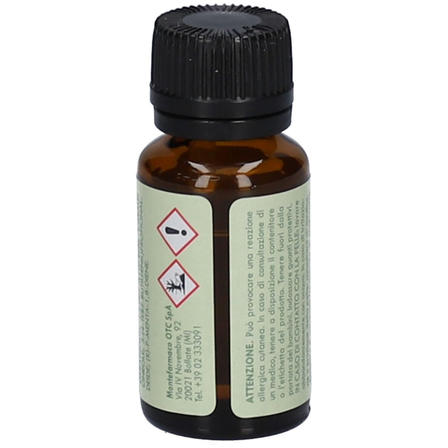 Flacone in vetro marrone con tappo nero. Etichetta con simboli di avvertimento e testo. OTC Spa.