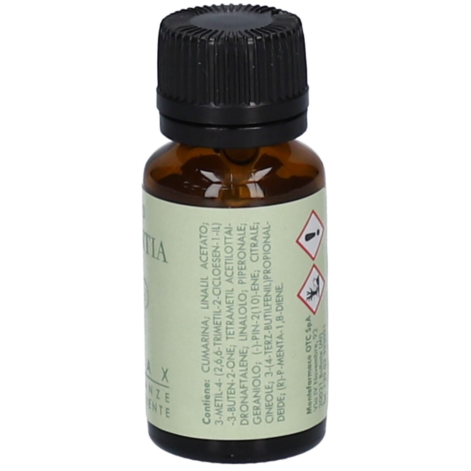 Flacone in vetro marrone con tappo nero. Etichetta con ingredienti e simboli di avvertimento. OTC Spa.