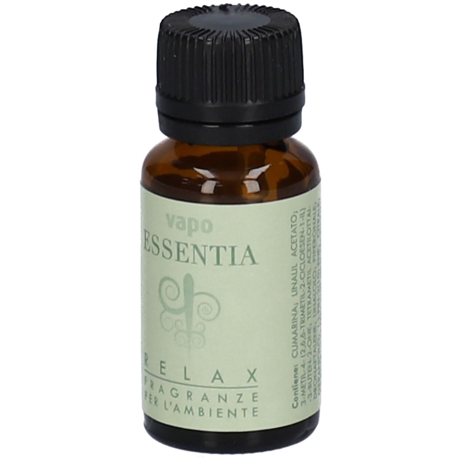Flacone in vetro marrone con tappo nero. Etichetta "vapo ESSENTIA RELAX" e logo. Per profumare l'ambiente.