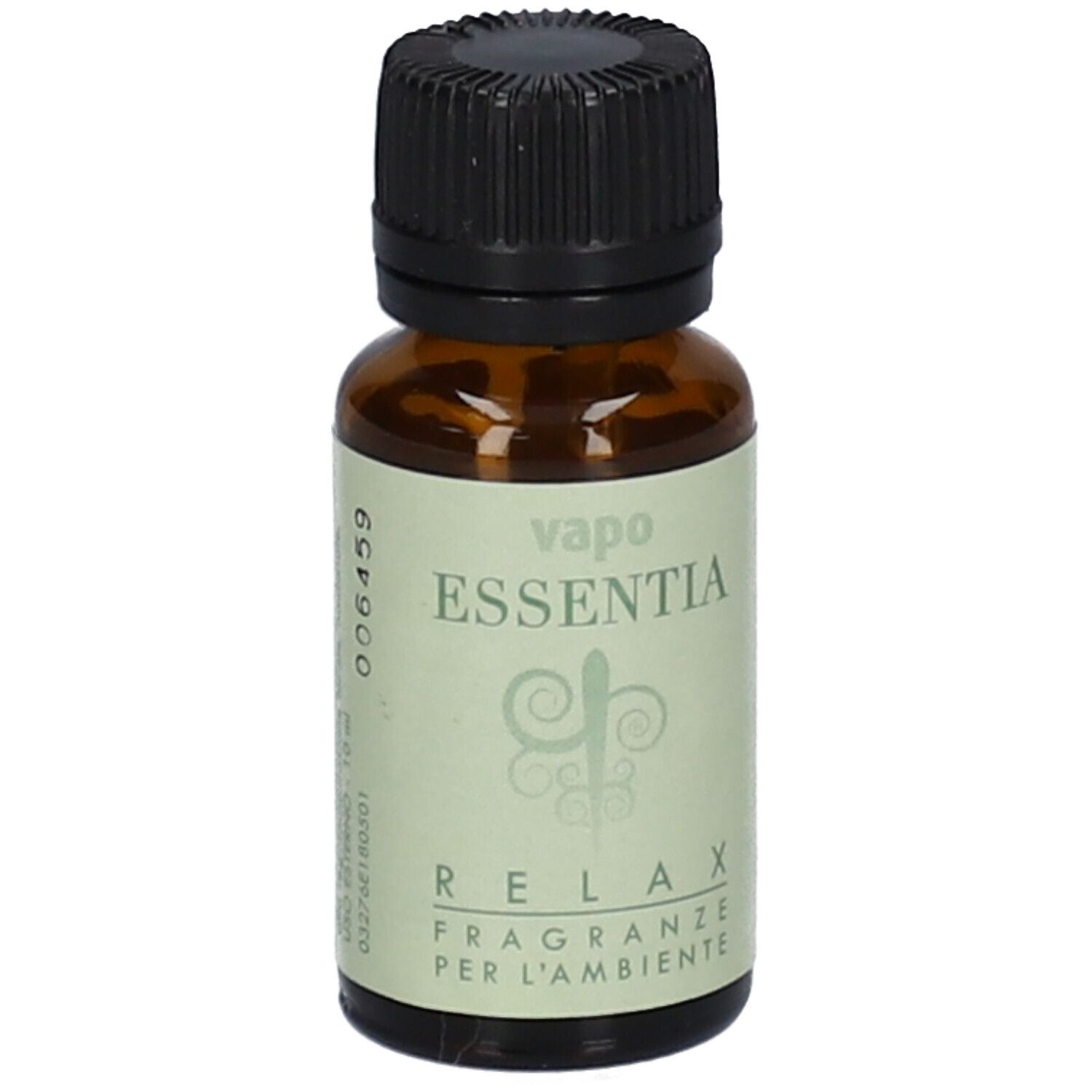 Flacone in vetro marrone con tappo nero. Etichetta "vapo ESSENTIA RELAX" e logo. 10 ml.