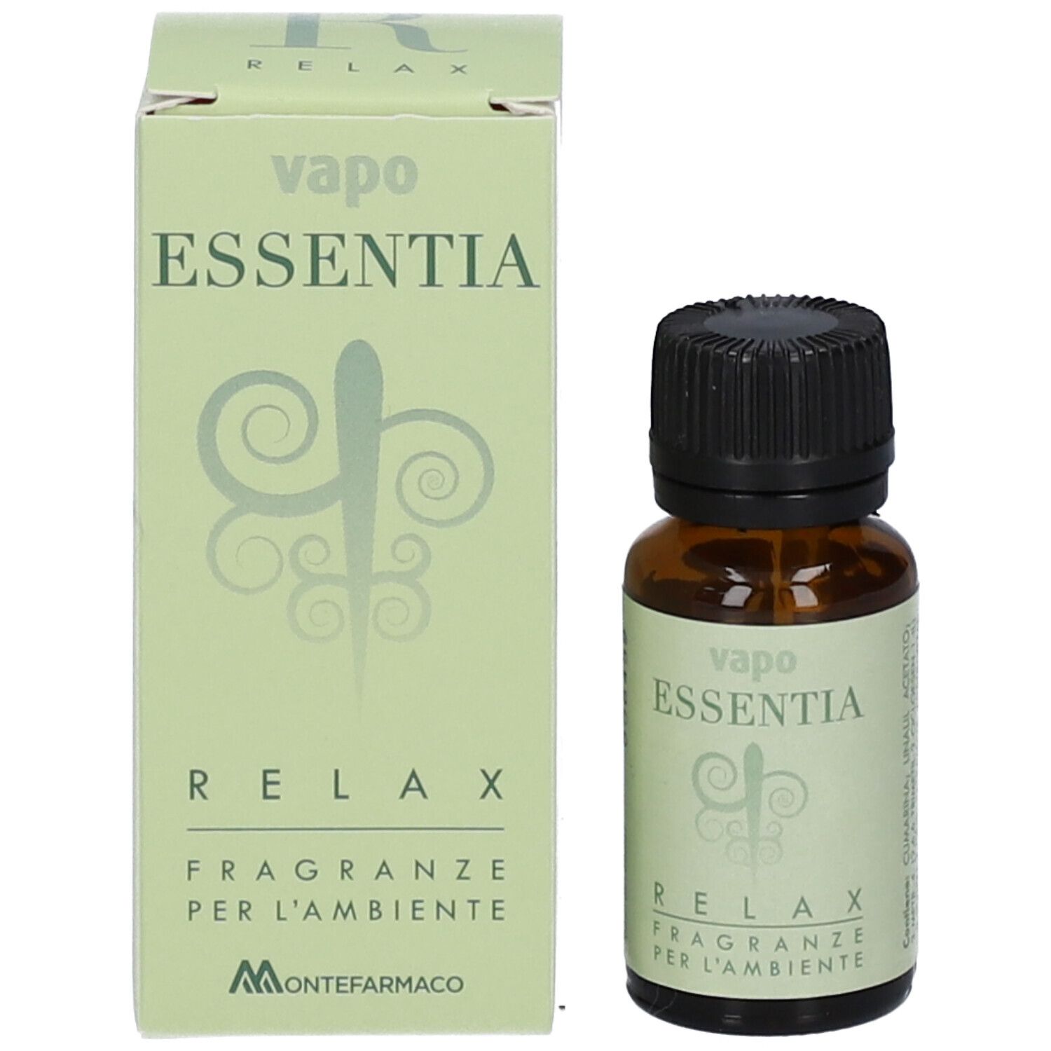 Flacone in vetro marrone con tappo nero e confezione. Confezione con "vapo ESSENTIA RELAX" e logo.