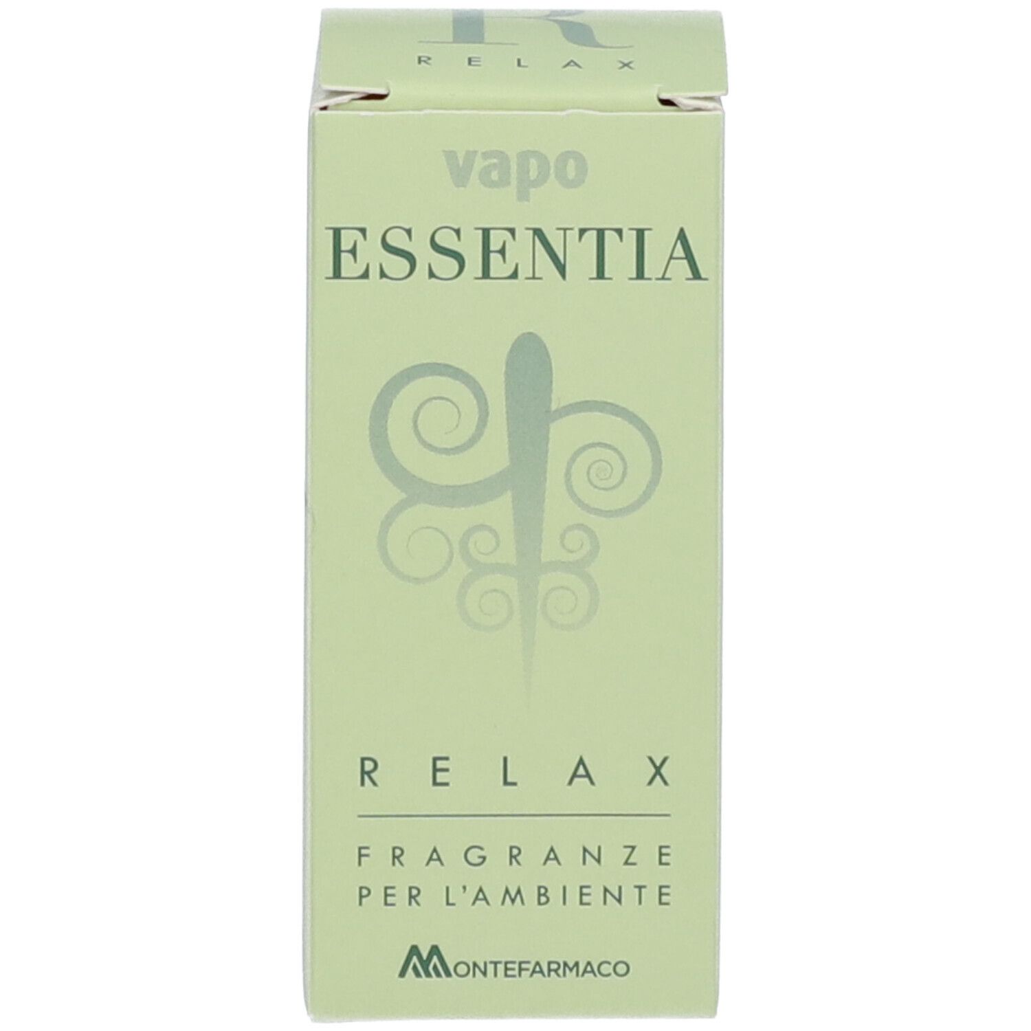 Confezione con "vapo ESSENTIA RELAX" e logo. Colori verde e bianco. Montefarmaco.