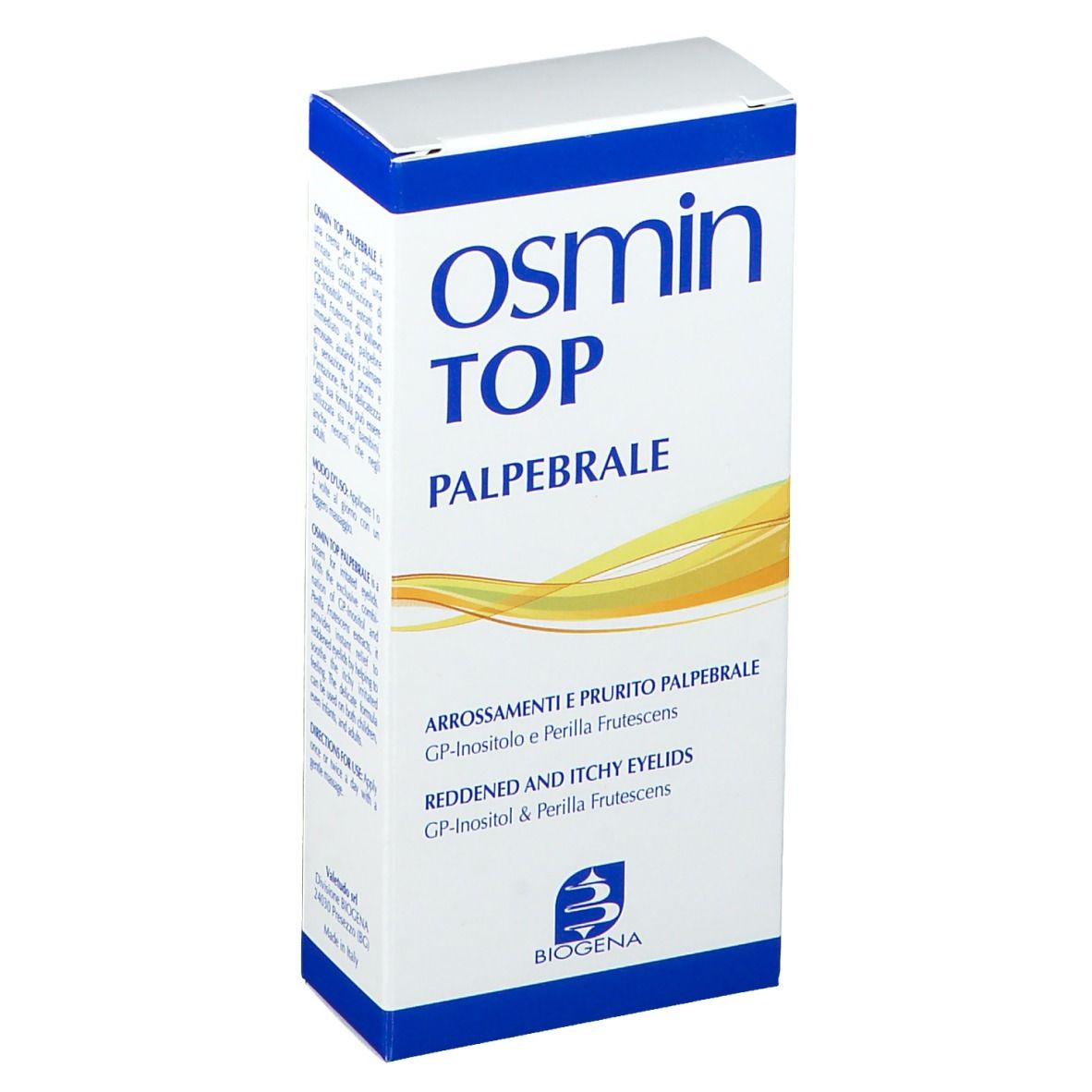 Scatola bianca con parte superiore blu. Scritta: Osmin TOP Palpebrale. Con logo BIOGENA. Testo in italiano.