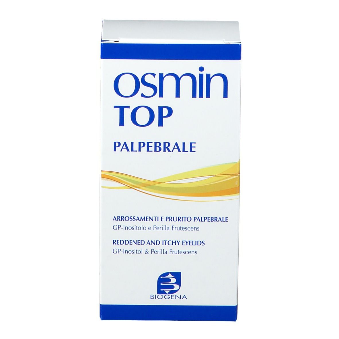 Scatola bianca con parte superiore blu. Scritta: Osmin TOP Palpebrale. Con logo BIOGENA. Testo in italiano.