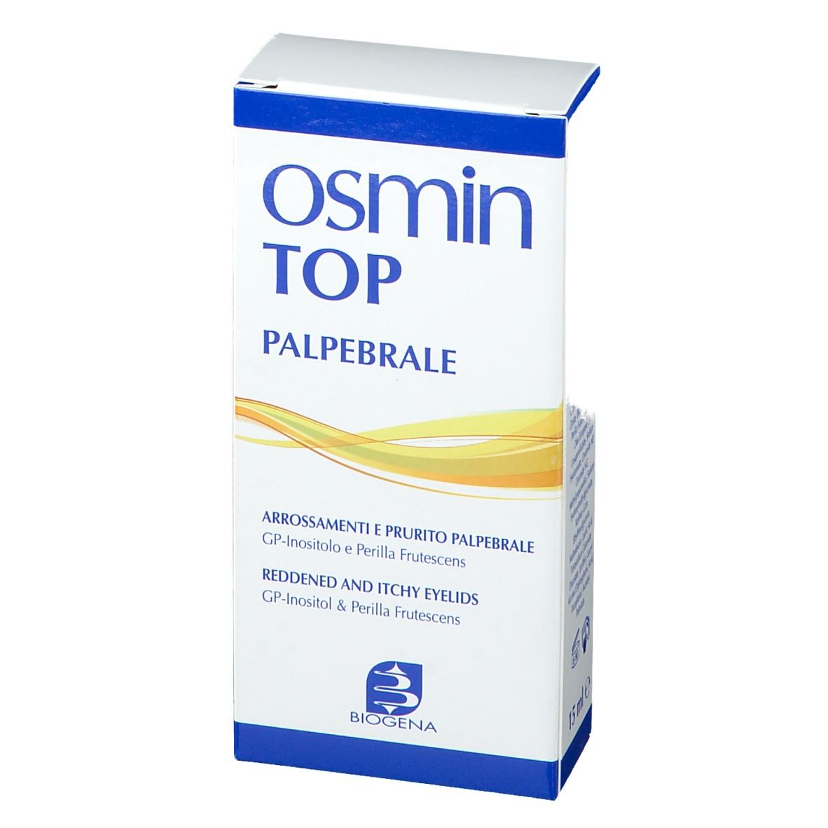 Scatola bianca con parte superiore blu. Scritta: Osmin TOP Palpebrale. Con logo BIOGENA. Testo in italiano.