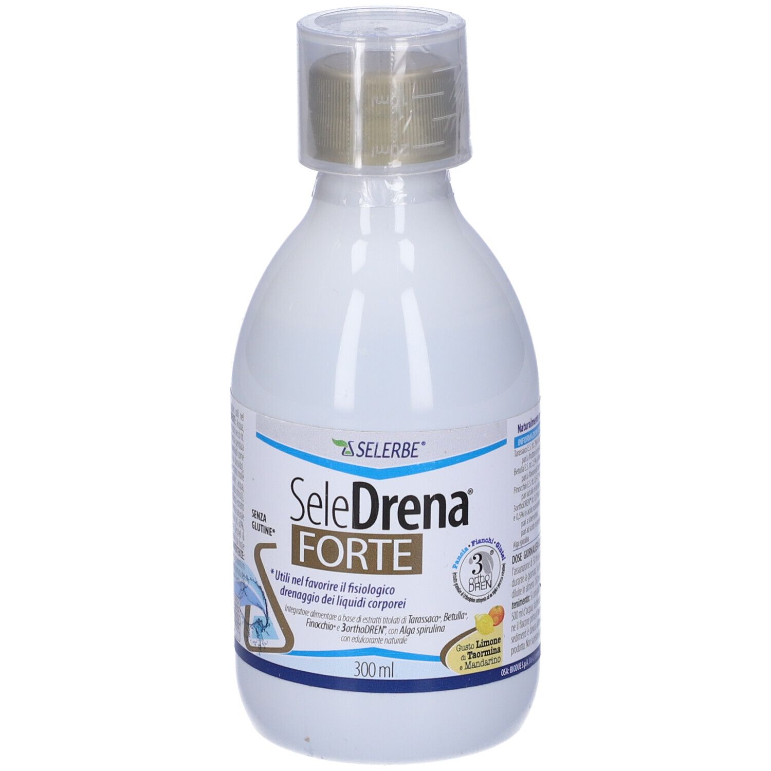 Bottiglia bianca con tappo dorato. Scritta: Selerbe Seledrena Forte Soluzione Orale. 300ml. Senza glutine.