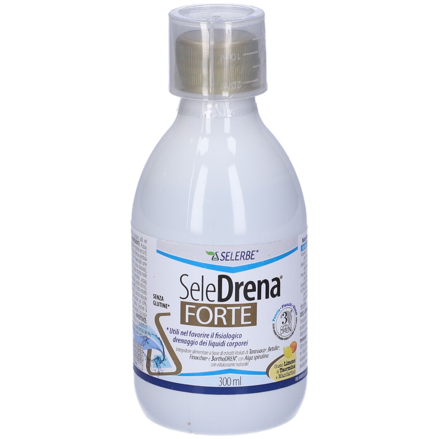 Bottiglia bianca con tappo dorato. Scritta: Selerbe Seledrena Forte Soluzione Orale. 300ml. Senza glutine.