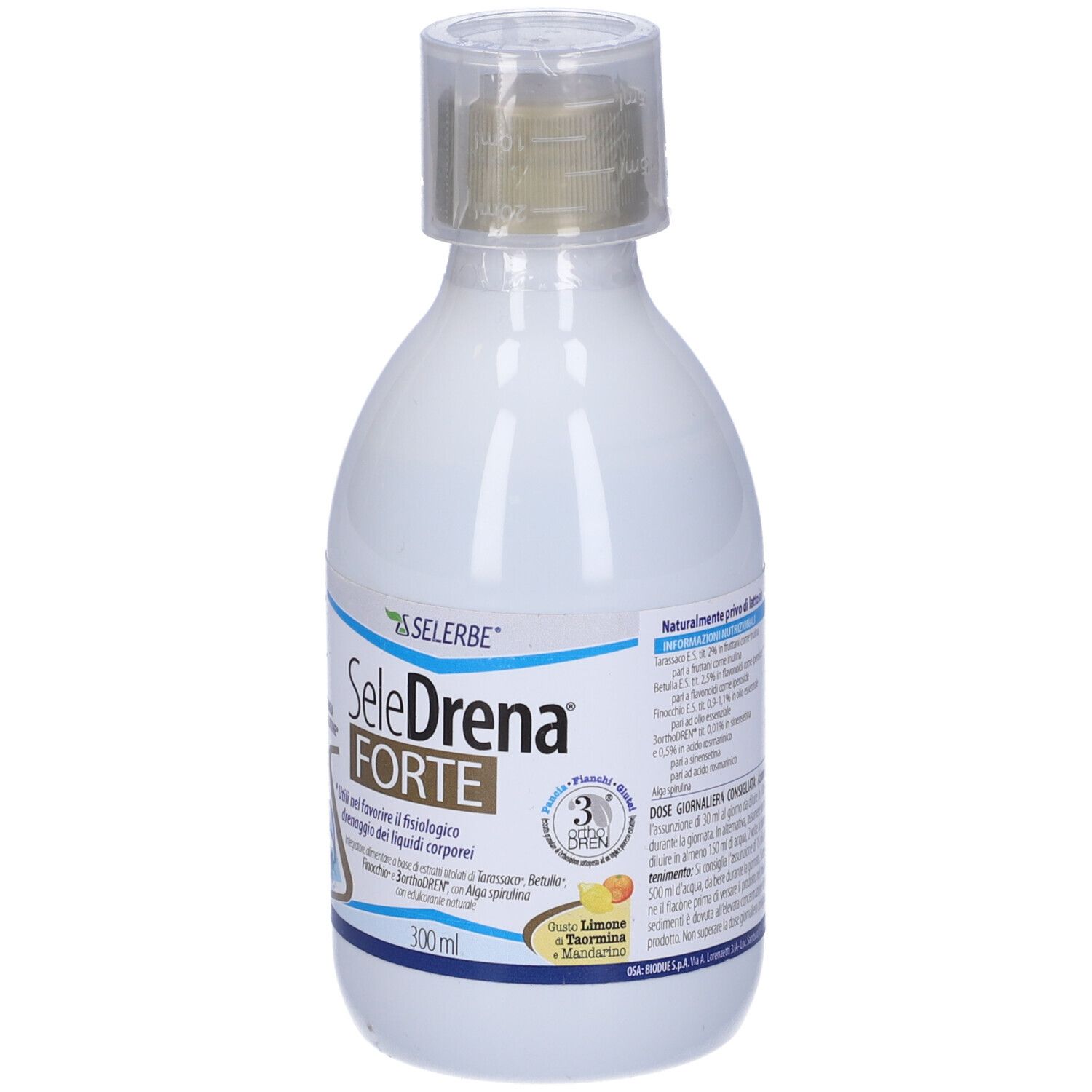 Bottiglia bianca con tappo dorato. Scritta: Selerbe Seledrena Forte Soluzione Orale. 300ml. Senza glutine.
