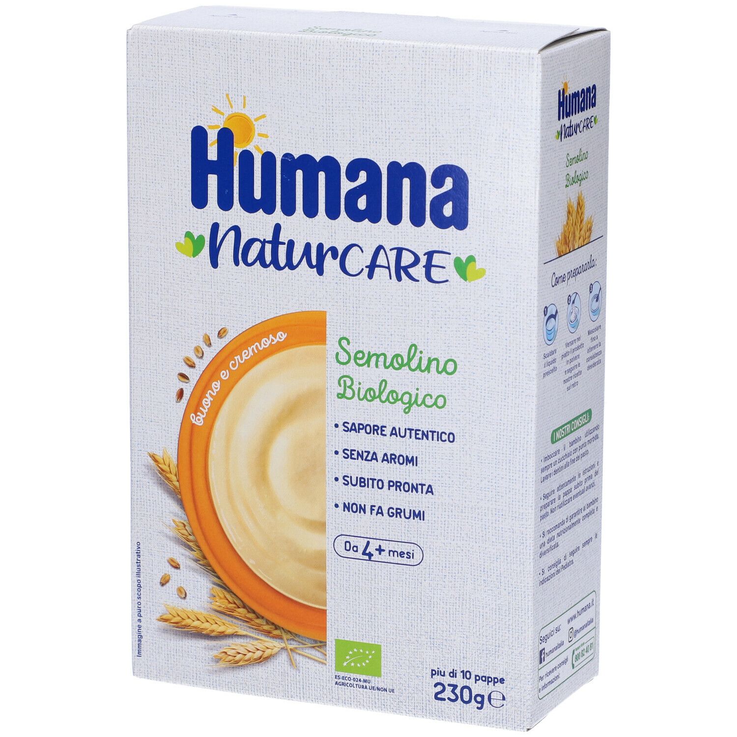 Scatola Humana NaturCARE Semolino Biologico. Immagine del prodotto e testo. Contiene informazioni sugli ingredienti e certificazioni.
