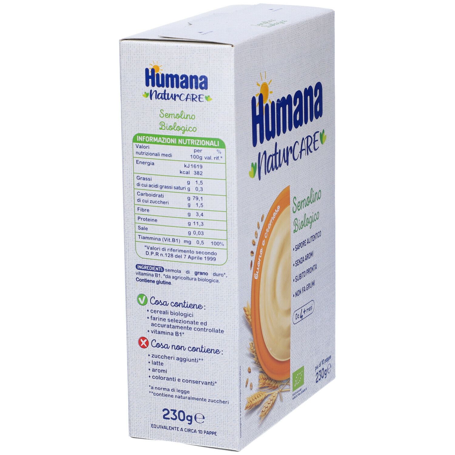 Scatola Humana NaturCARE Semolino Biologico. Informazioni nutrizionali e ingredienti. Contiene testo sul prodotto e certificazioni.