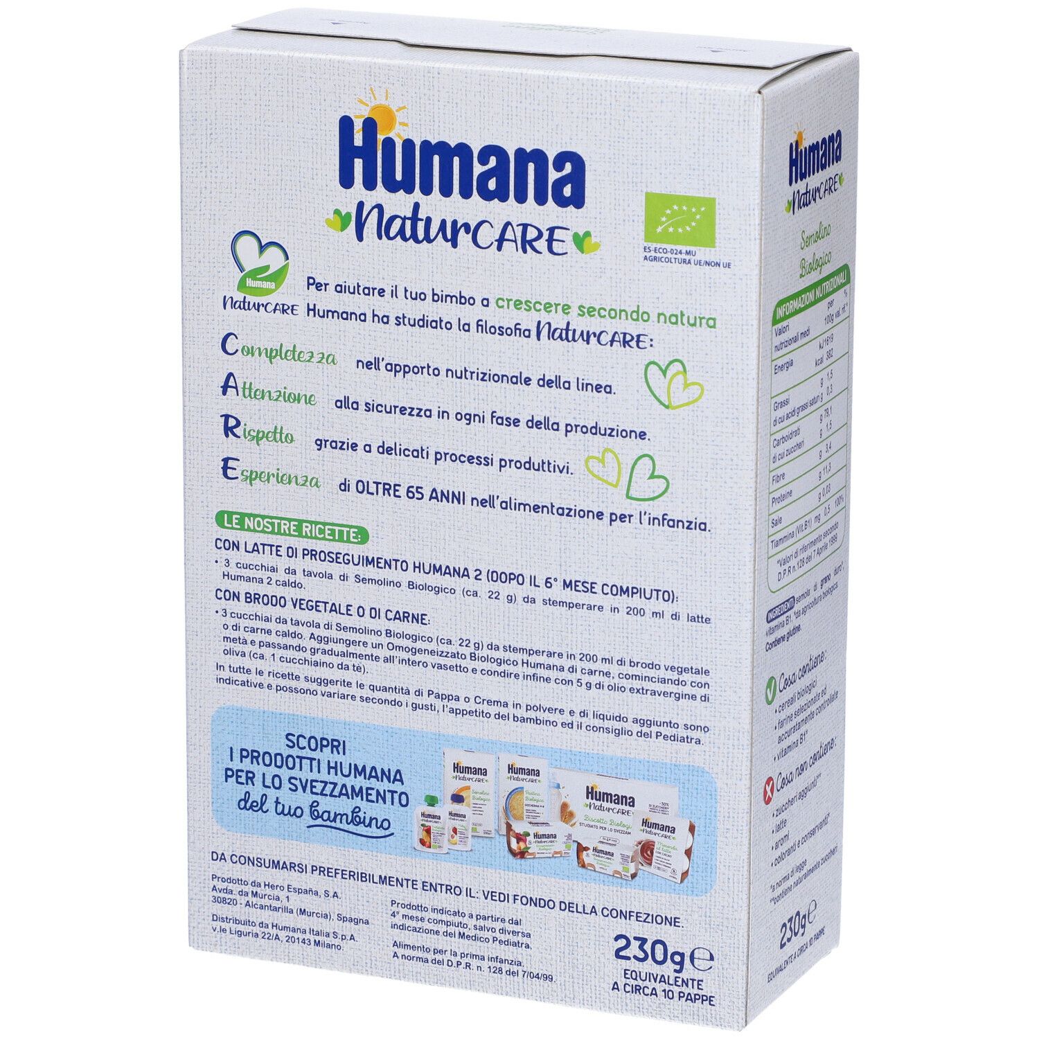 Retro della scatola Humana NaturCARE Semolino Biologico. Testo. Contiene informazioni sulla preparazione e raccomandazioni.