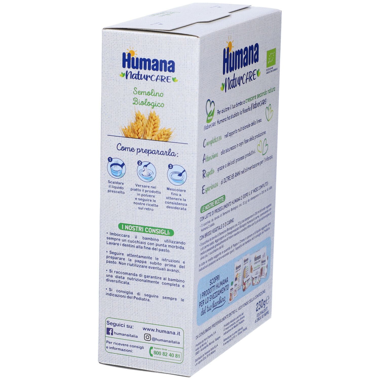 Scatola Humana NaturCARE Semolino Biologico. Istruzioni per la preparazione e raccomandazioni. Contiene testo e immagini.