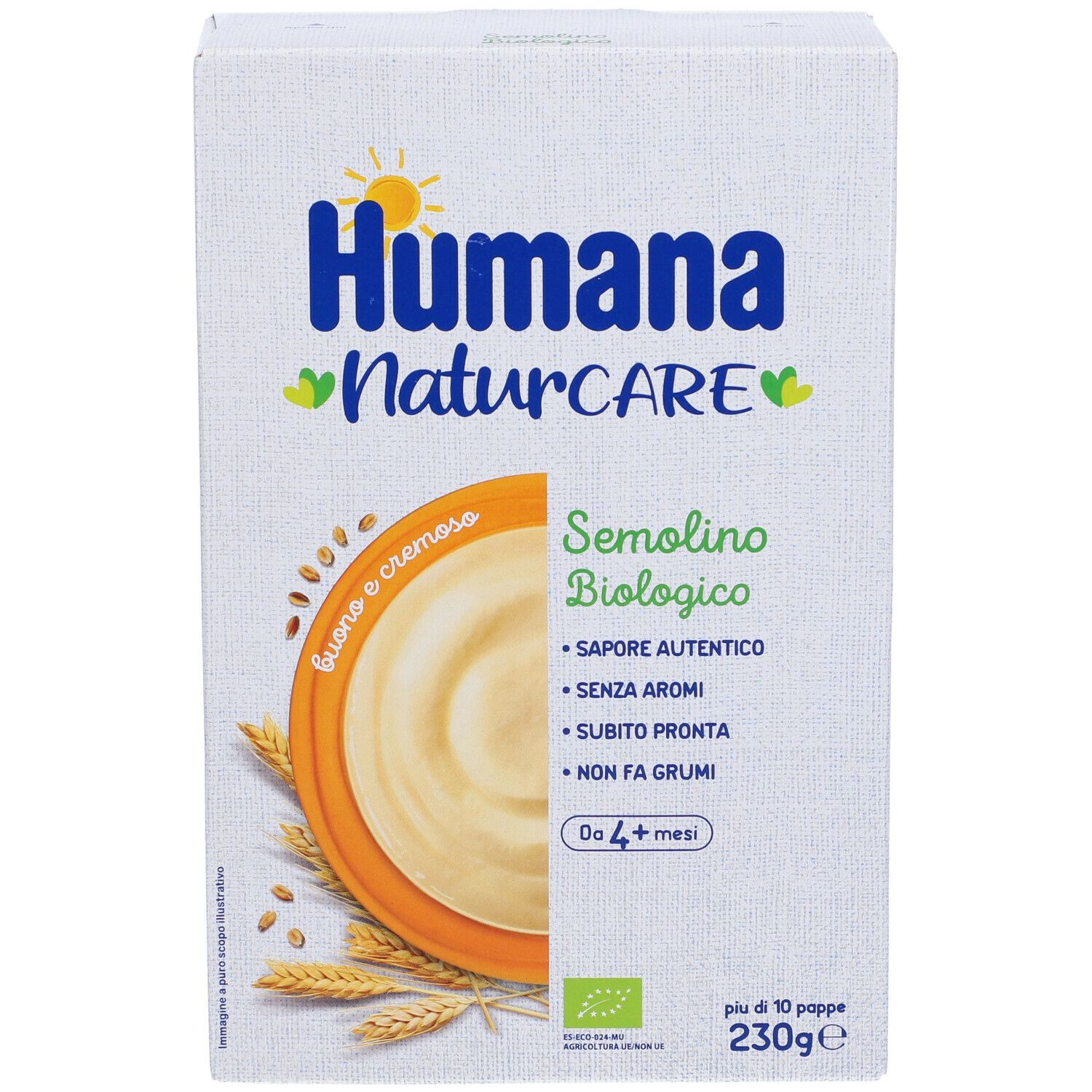 Scatola Humana NaturCARE Semolino Biologico. Immagine del prodotto e testo. Contiene informazioni sugli ingredienti e certificazioni.