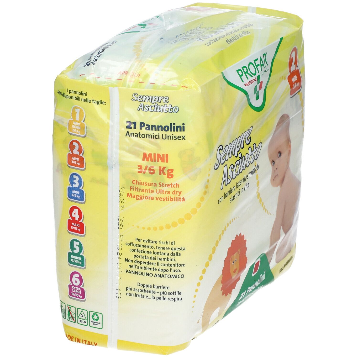 PROFAR SempreAsciutto Taglia 2 Mini 3/6 kg. Confezione da 21 pannolini. Indicazioni taglie sul lato. Confezione gialla.