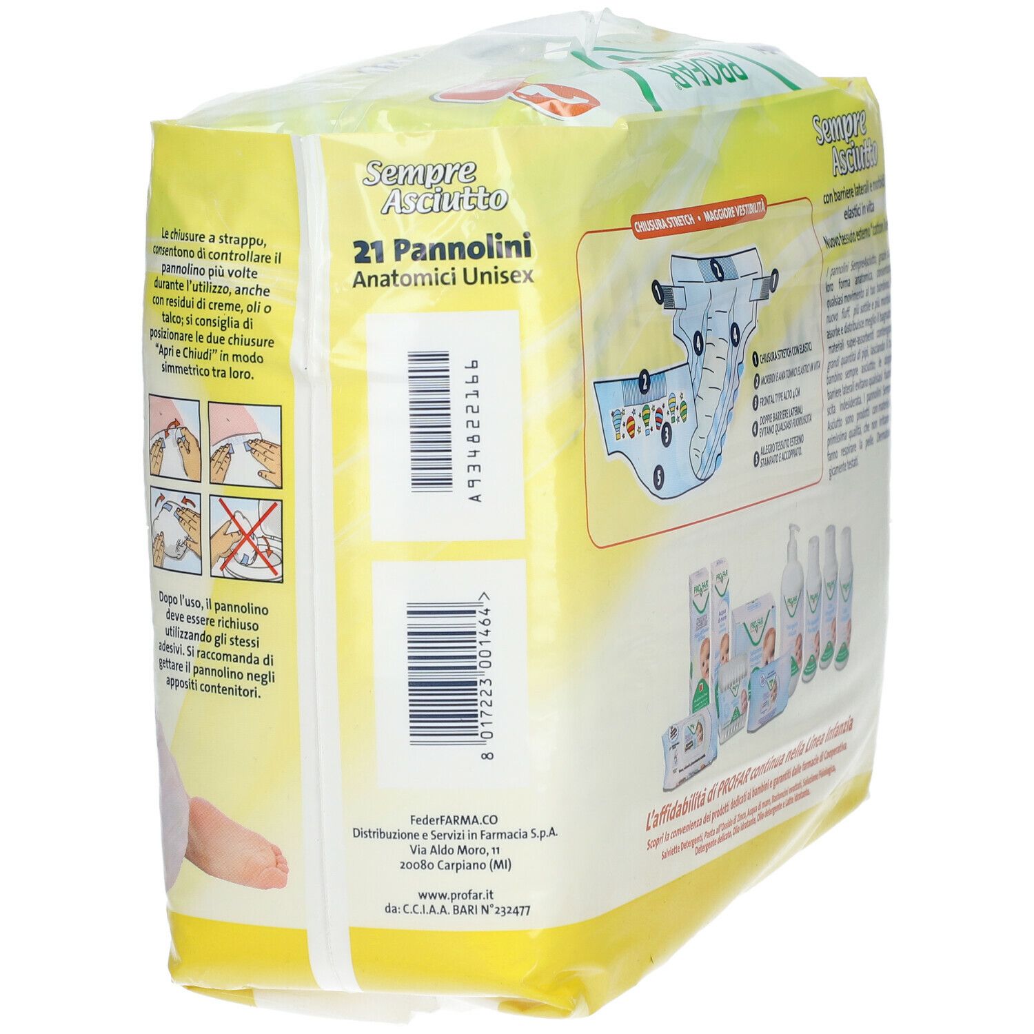 Confezione PROFAR SempreAsciutto Taglia 2 Mini 3/6 kg. Illustrazioni e informazioni sul prodotto. Confezione gialla.