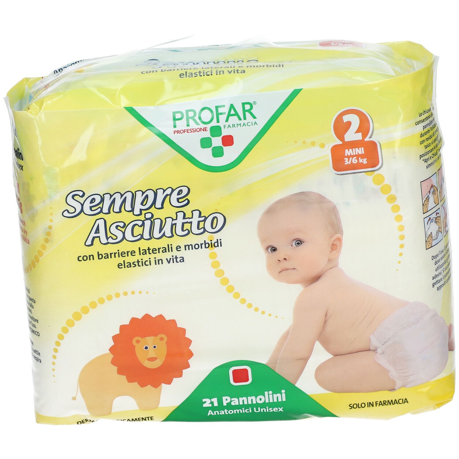 Confezione di 21 pannolini PROFAR SempreAsciutto Taglia 2 Mini 3/6 kg. Bambino sulla confezione. Confezione gialla.