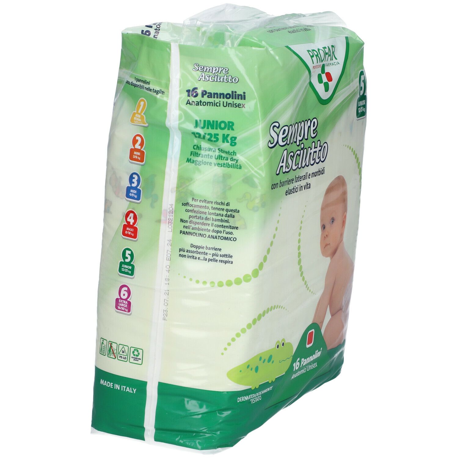 Confezione PROFAR Sempre Asciutto Junior, taglia 5, 12/25 kg. 16 pannolini anatomici. Vista laterale.