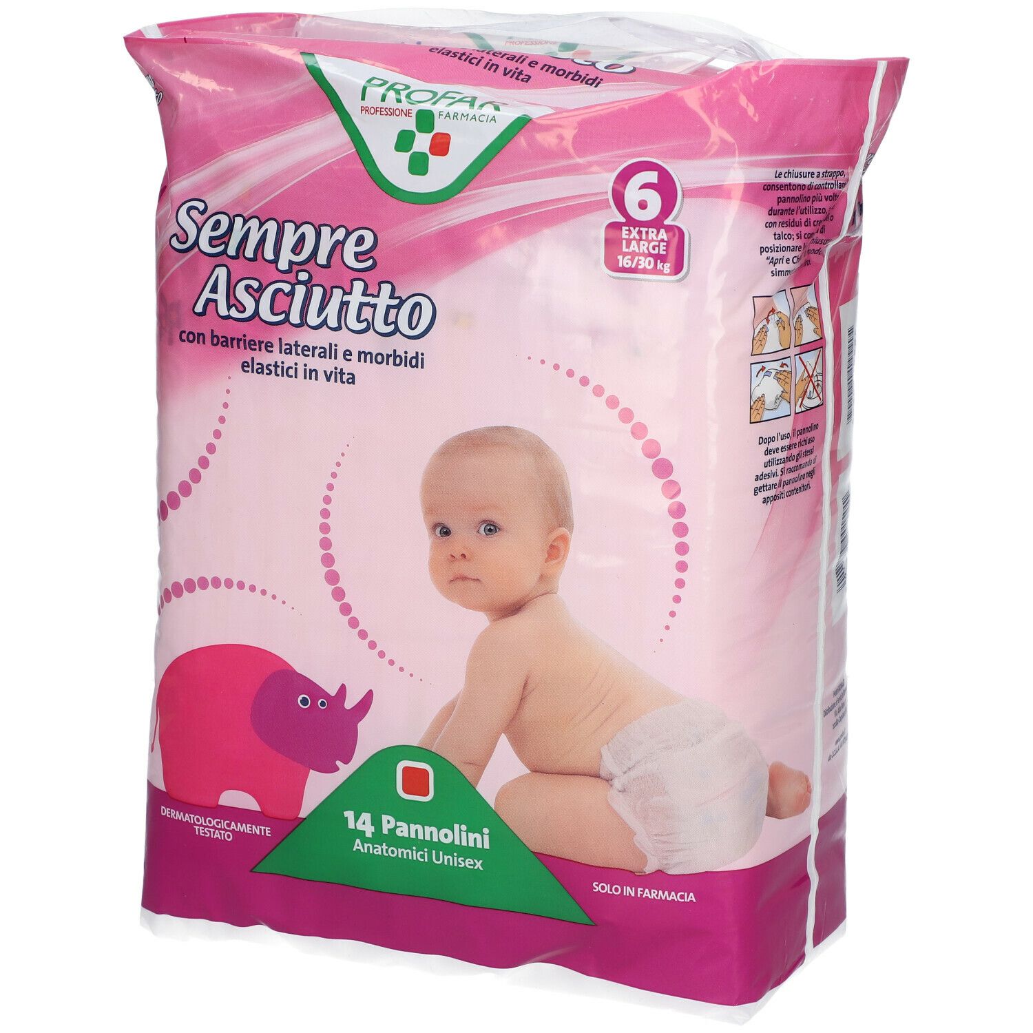 Confezione rosa PROFAR. Bambino e pannolini. Taglia 6, Extra Large, 16/30 kg. 14 pannolini anatomici unisex. Testo in italiano.