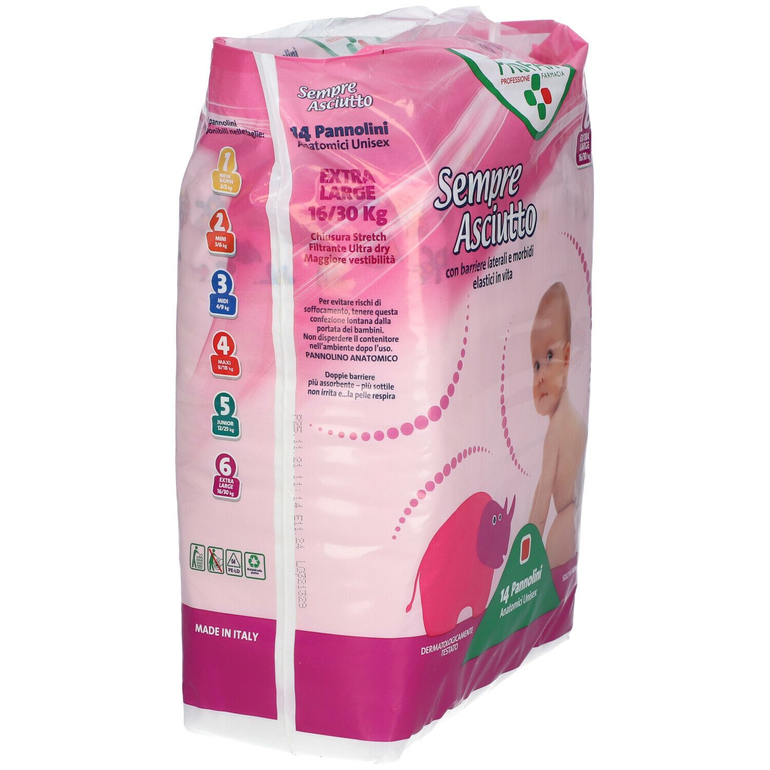 Confezione rosa PROFAR. Lato con taglie: 1, 2, 3, 4, 5, 6. Extra Large, 16/30 kg. 14 pannolini anatomici unisex. Testo in italiano.