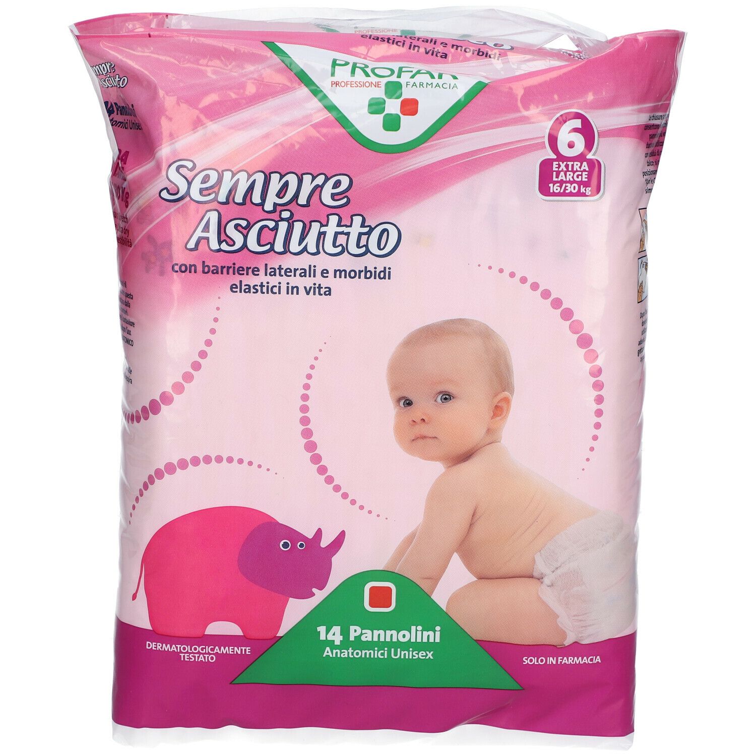 Confezione rosa PROFAR. Bambino e pannolino. Taglia 6, Extra Large, 16/30 kg. 14 pannolini anatomici unisex. Testo in italiano.