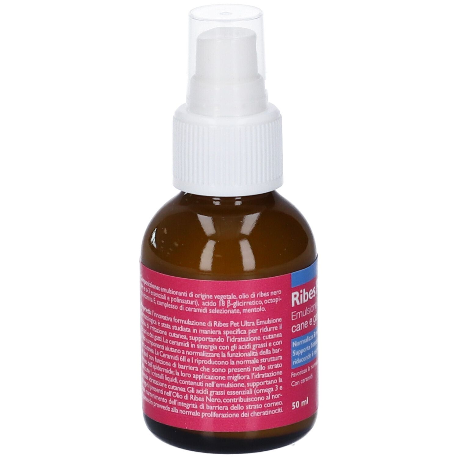 Sprühflasche mit 50 ml Ribes Pet Ultra Emulsion Dermatologica, Rückseite mit Produktinformationen.