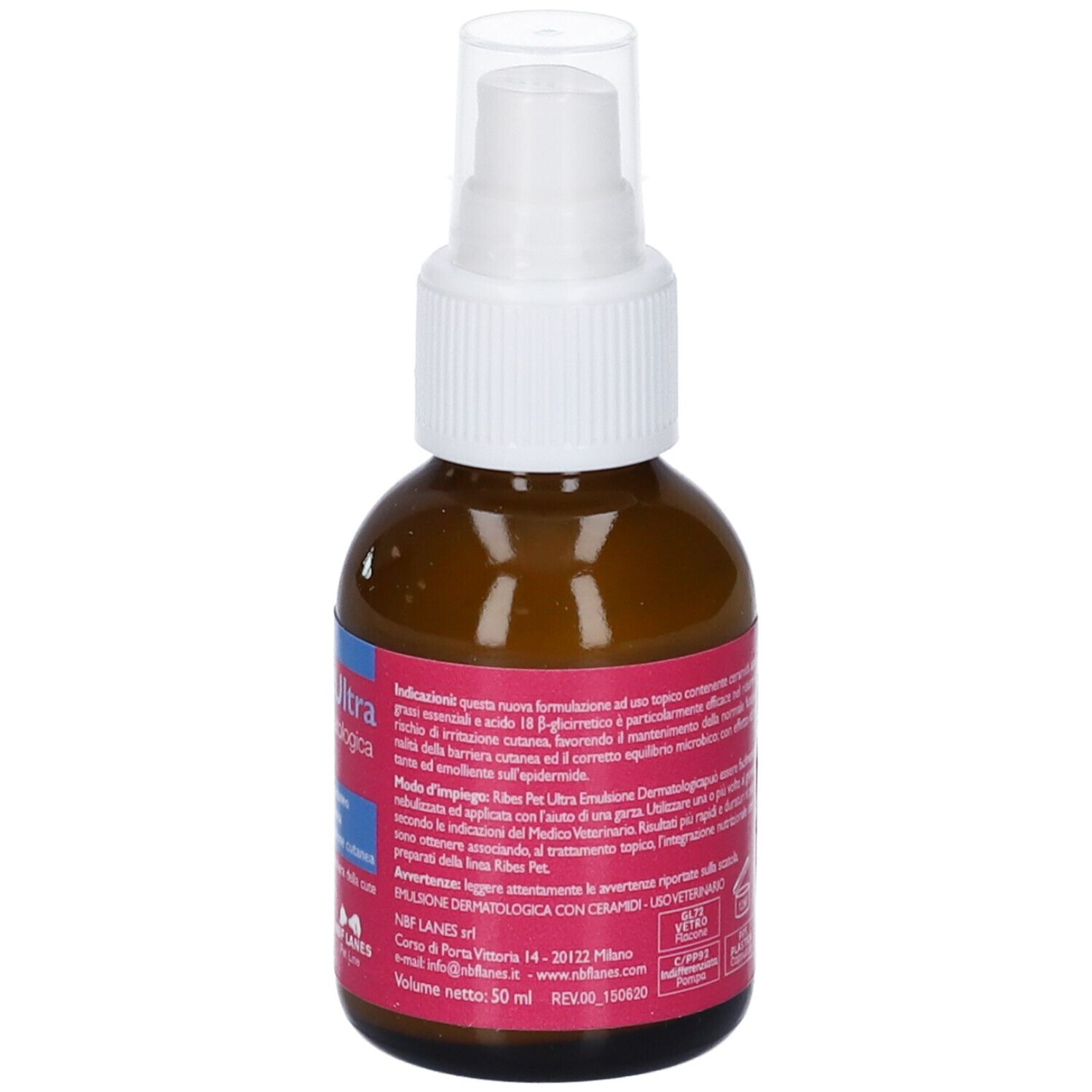 Braune Sprühflasche mit 50 ml Ribes Pet Ultra Emulsion Dermatologica für Hunde und Katzen.