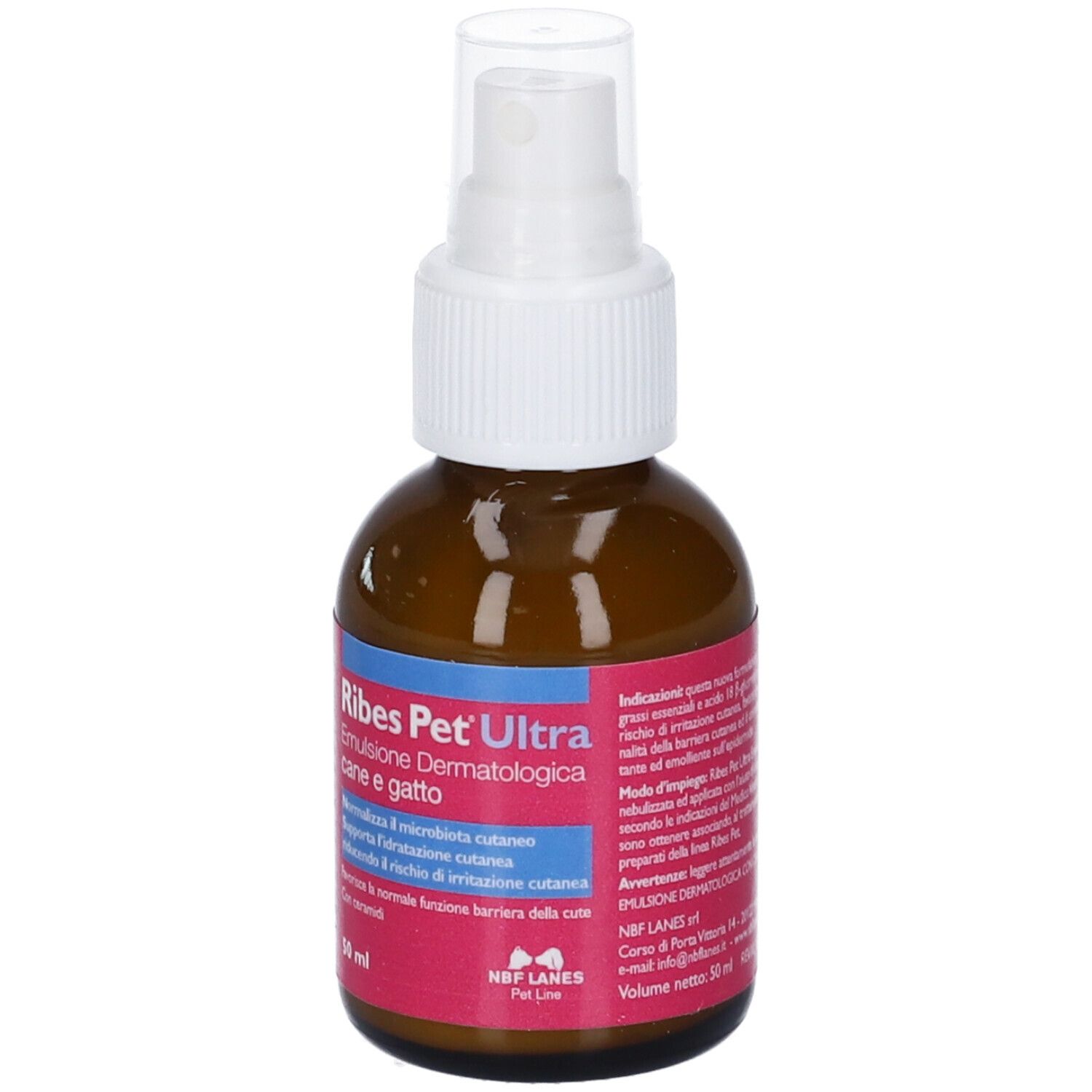 Sprühflasche mit 50 ml Ribes Pet Ultra Emulsion Dermatologica, Seitenansicht.