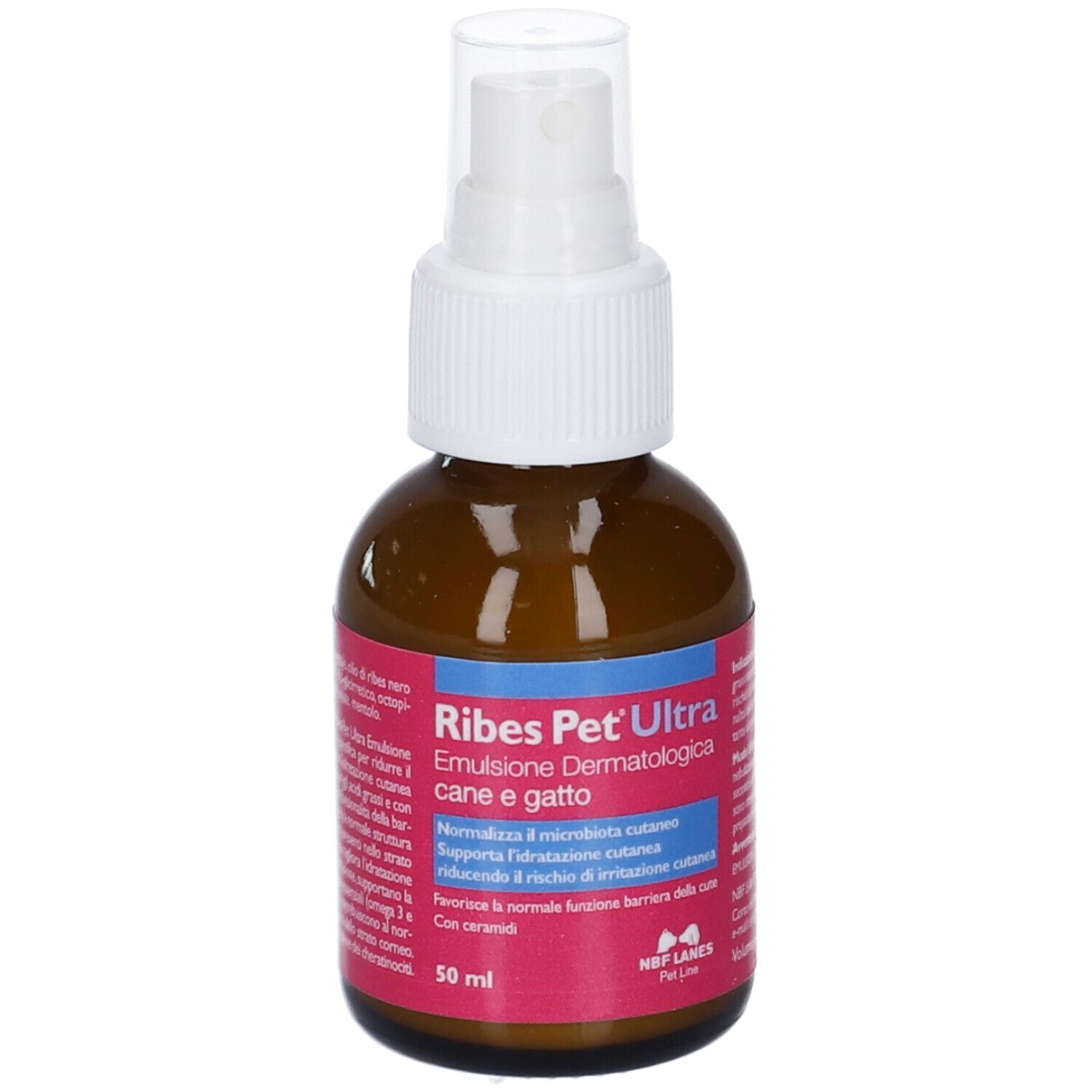 Sprühflasche mit 50 ml Ribes Pet Ultra Emulsion Dermatologica, Vorderseite mit Etikett.
