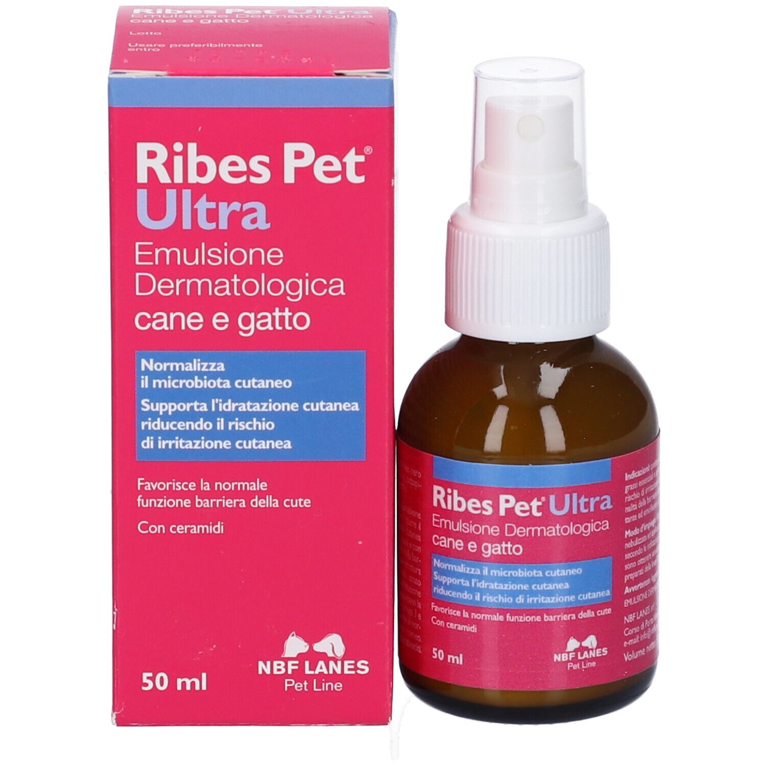 Verpackung und Sprühflasche von Ribes Pet Ultra Emulsion Dermatologica, 50 ml.