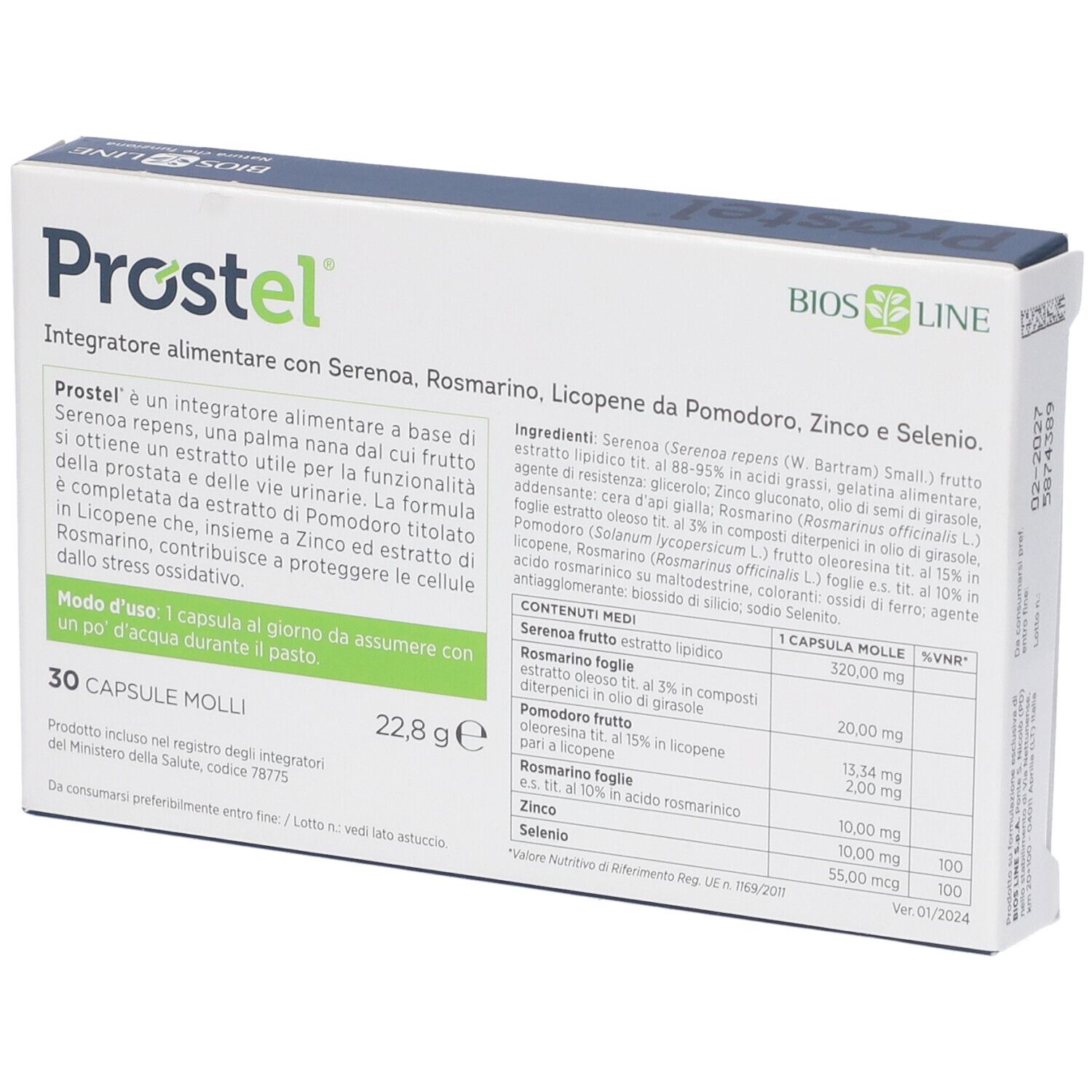 Schachtel Prostel, Bios Line Logo. Enthält 30 Kapseln. Inhaltsstoffe und Nährwertangaben. Text in italienischer Sprache.