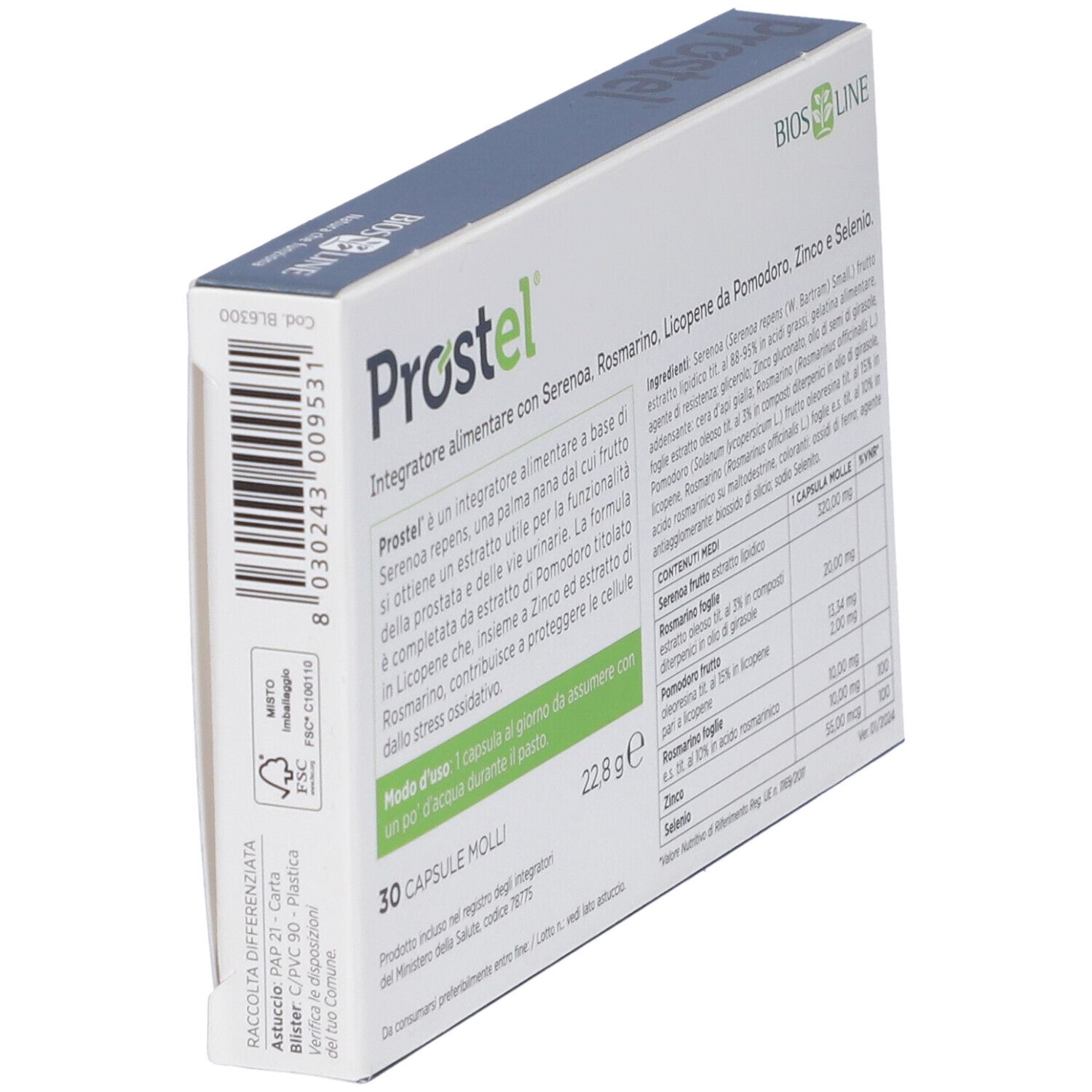 Schachtel Prostel, Bios Line Logo. Enthält 30 Kapseln. Inhaltsstoffe und Nährwertangaben. Text in italienischer Sprache.
