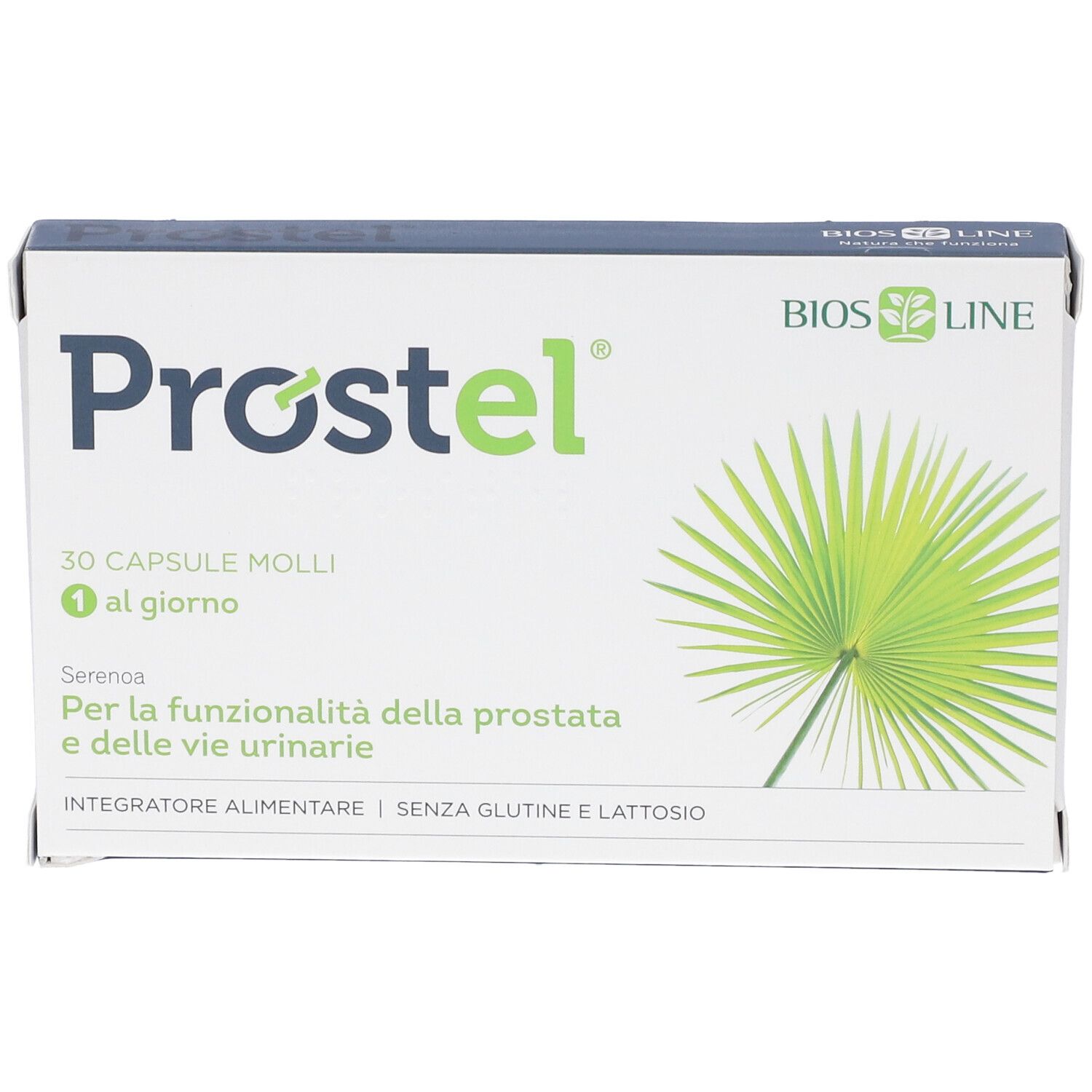 Schachtel Prostel, Bios Line Logo. Enthält 30 Kapseln. Text in italienischer Sprache. Palmenblatt-Illustration.