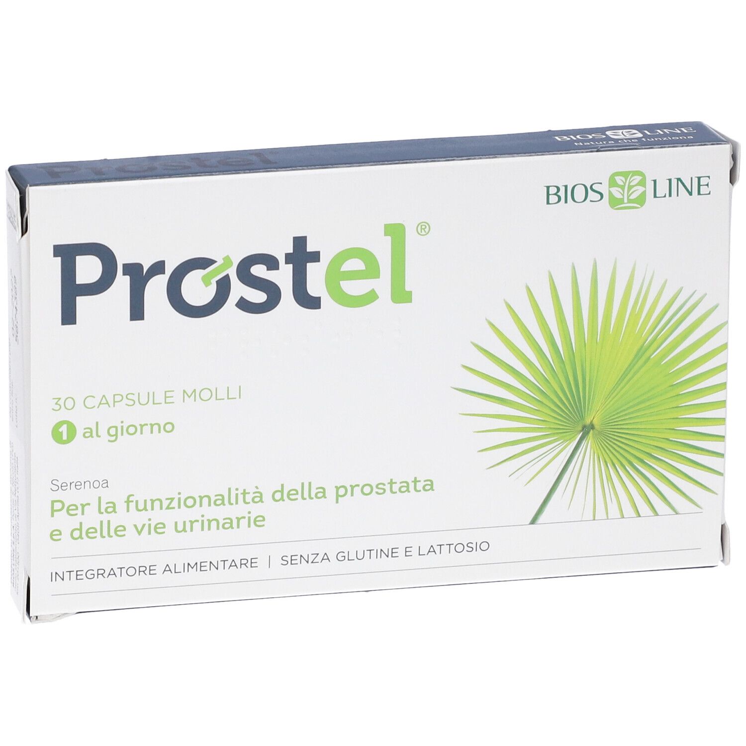 Schachtel Prostel, Bios Line Logo. Enthält 30 Kapseln. Text in italienischer Sprache. Palmenblatt-Illustration.