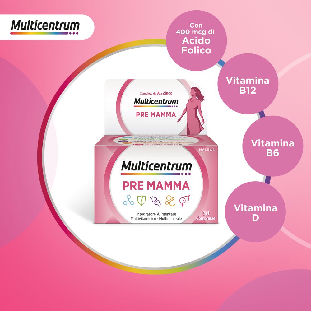 Multicentrum Pre Mamma Packung. Rosa-weißes Design. Enthält 30 Tabletten. Zusätzliche Informationen zu Vitaminen.