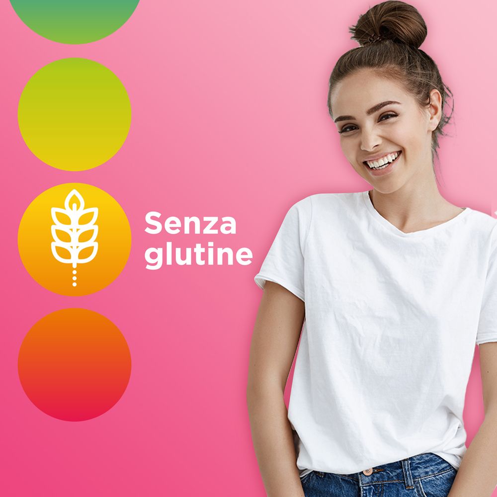 Junge Frau lächelt. Text: Ohne Gluten. Gelbe, grüne und orangefarbene Kreise im Hintergrund.