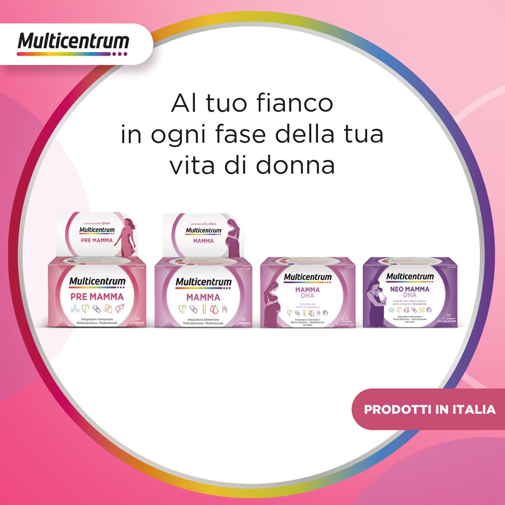Verschiedene Multicentrum-Produkte. Rosa-weiße Verpackungen. Text: An Ihrer Seite in jeder Phase Ihres Frauenlebens.
