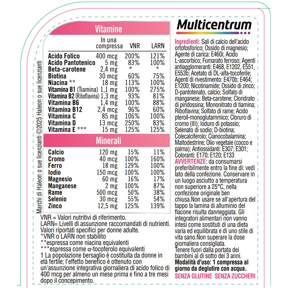 Nahaufnahme der Inhaltsstoffe und Nährwertangaben von Multicentrum Pre Mamma. Enthält Vitamine und Mineralien.
