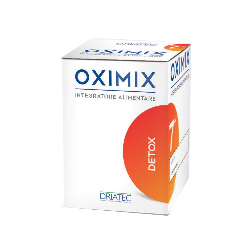 Scatola bianca Oximix Detox 7+. Scritta e logo. Cerchio arancione con il numero 7.